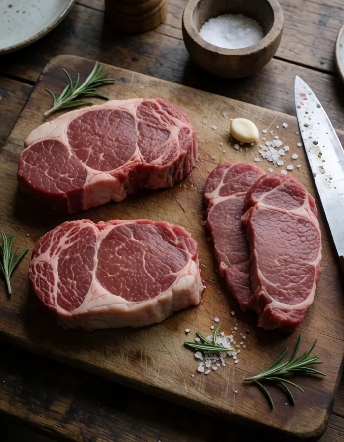 Frische, rohe Steaks auf einem rustikalen Holzbrett, dekoriert mit Rosmarin, Meersalz und Knoblauch