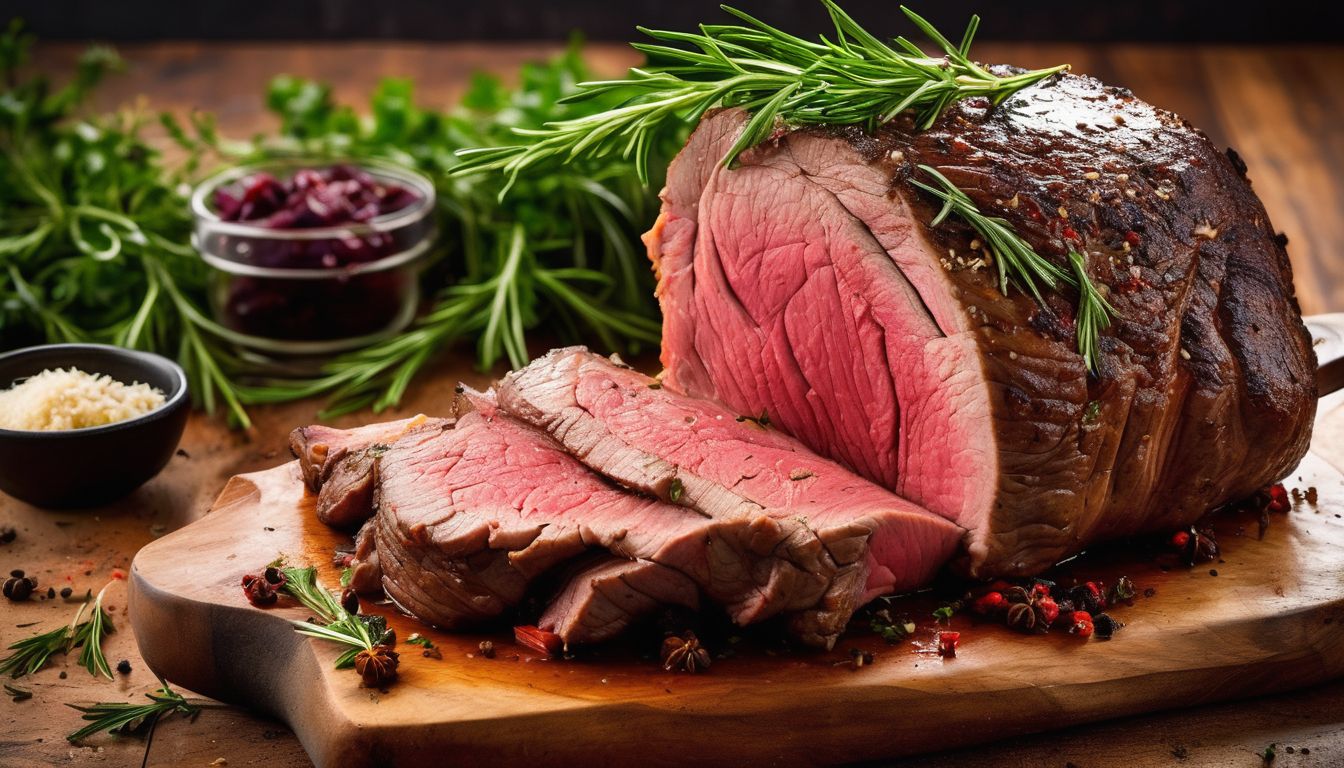 juicy roast beef on a cutting board with herbs and spices